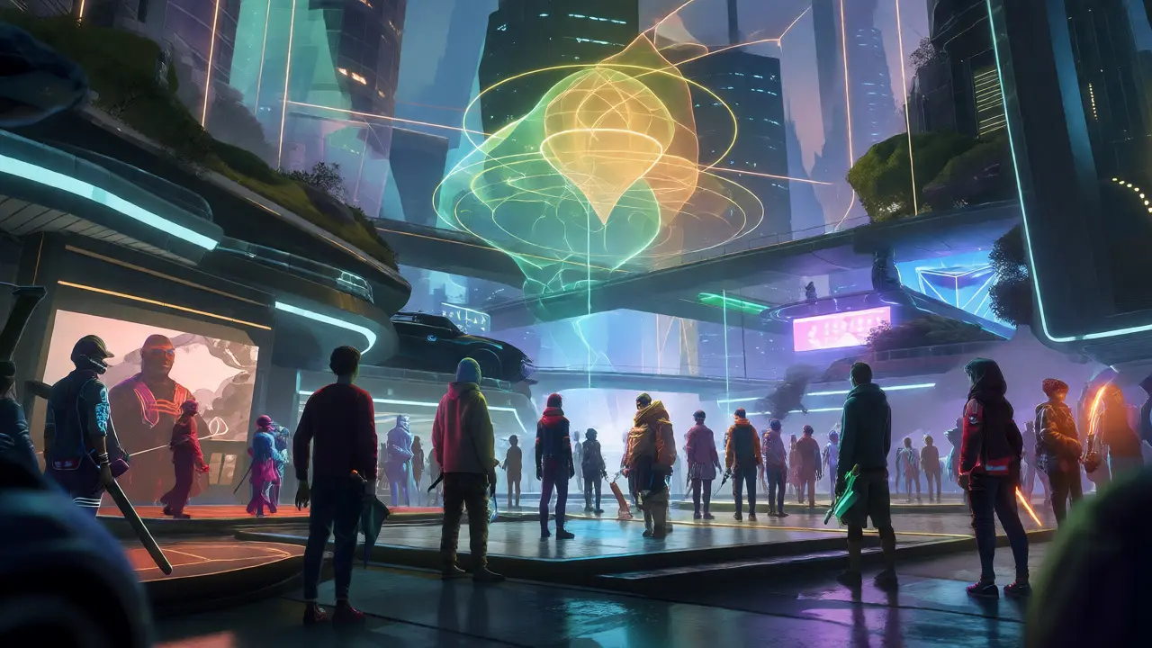 Avatars with unique NFT items gathering in a shared cyberpunk metaverse hub.