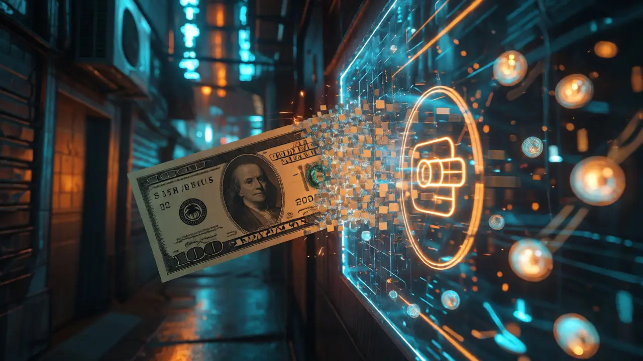 Banknote dissolving against digital barrier showing fiat deposit issues