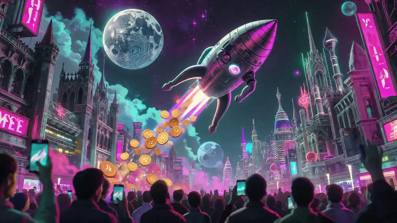 Cow-shaped rocket launching into a circuit-board moon above a neon cyberpunk cityscape.