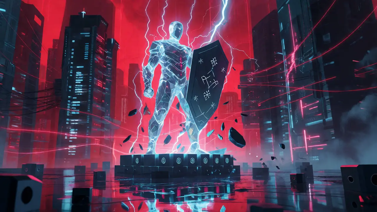 Crystal validator figure being struck by lightning, symbolizing slashing penalties.