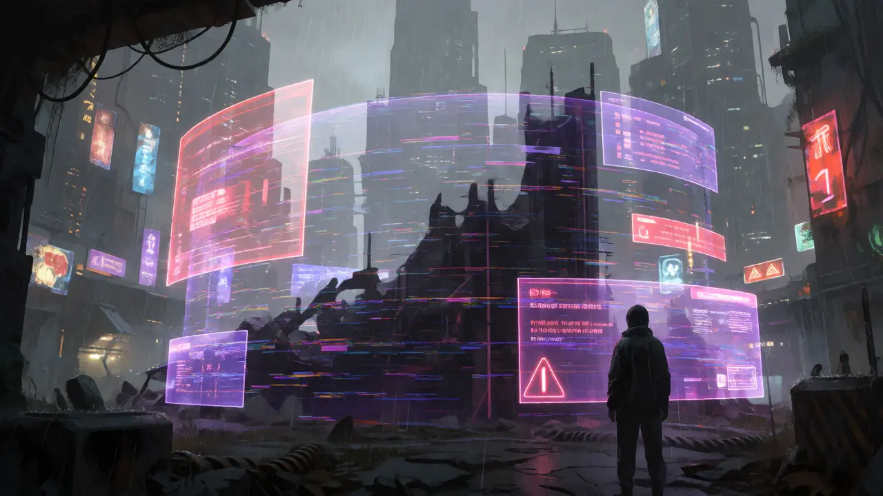 Decaying futuristic city with glitching holograms and silent streets