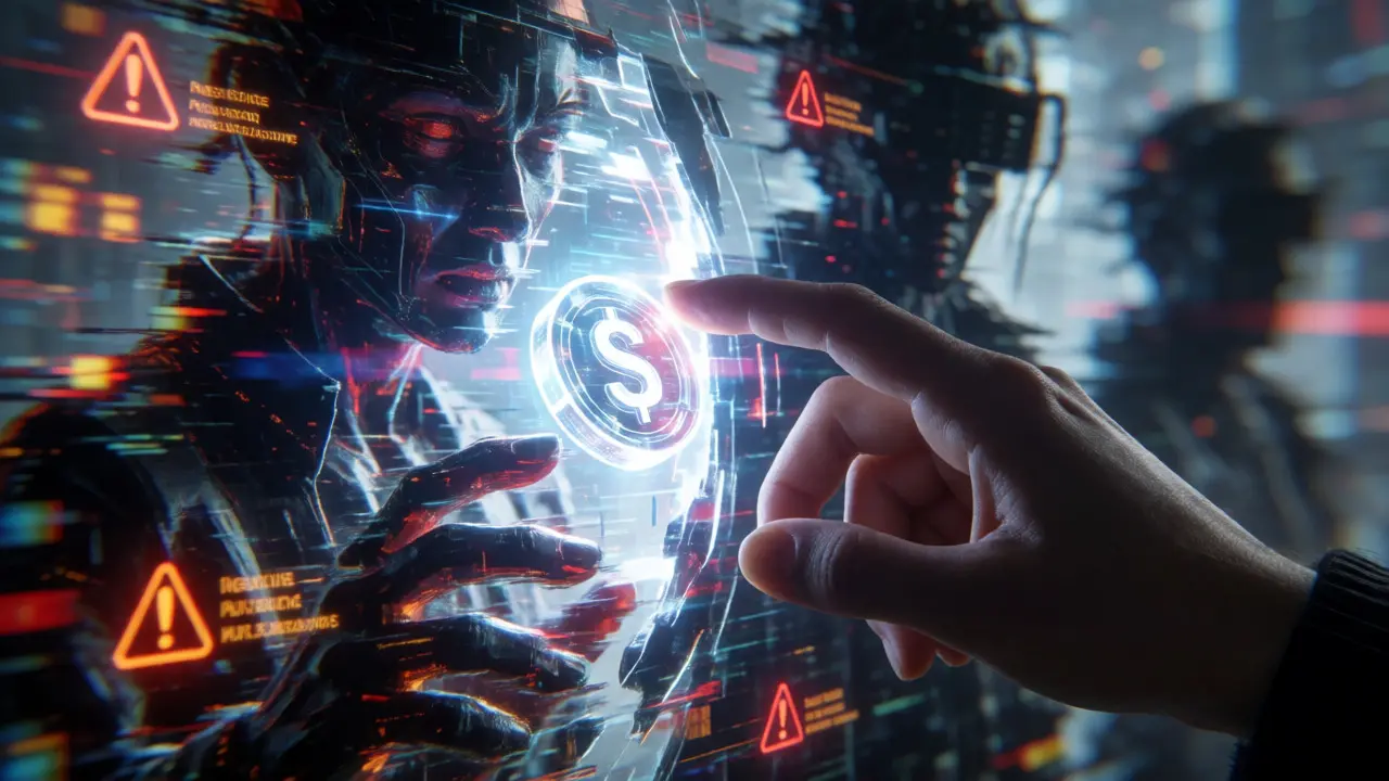 Digital hand claiming a token amidst glitching scam threats