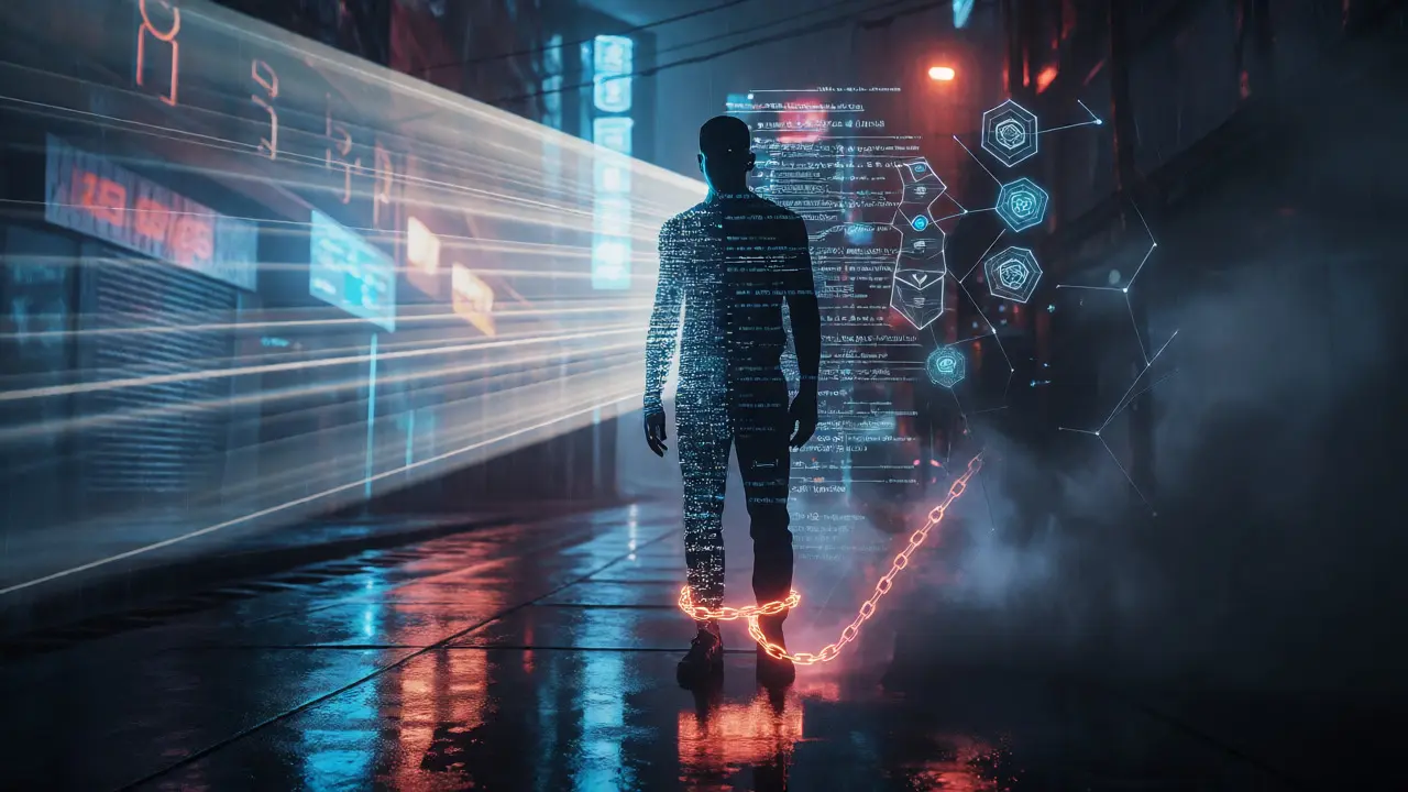 Digital human figure caught between transparent searchlights and encrypted privacy shields.