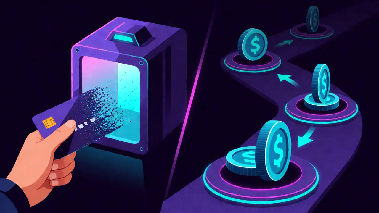 Digital illustration contrasting blocked fiat payments with smooth crypto transfer flows.