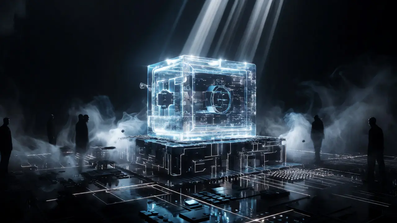 Digital vault lacking security seals in a dark cyber setting