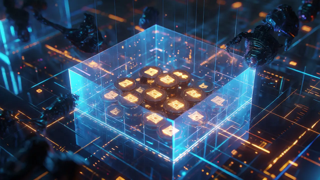 Energy shields protecting digital coins from glitch-like threats