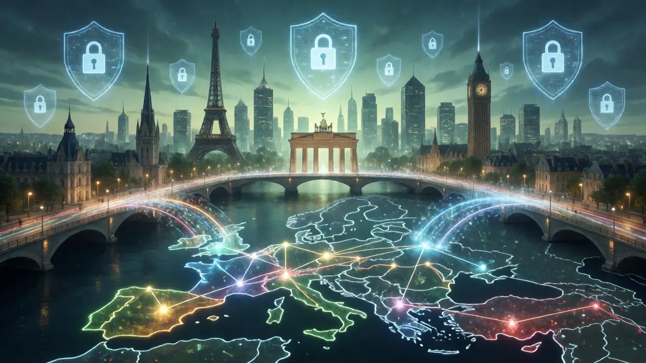 European landmarks connected by glowing digital bridges under MiCAR