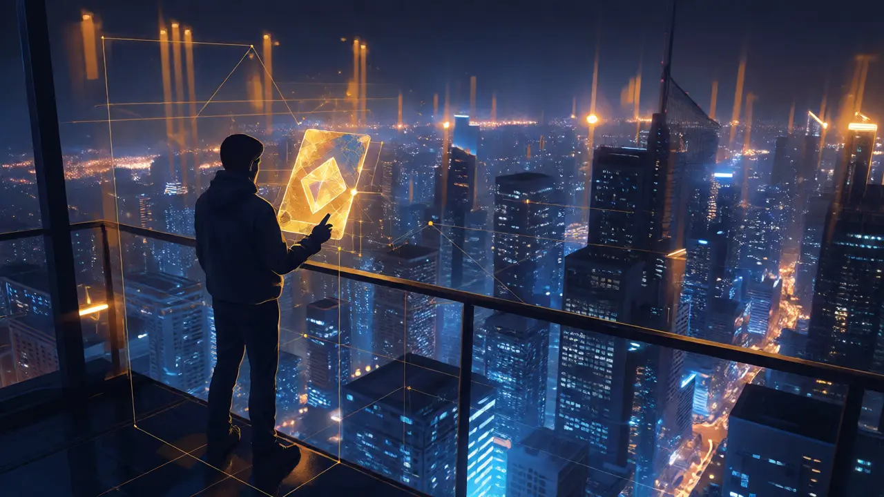 Figure holding glowing NFT card overlooking neon cyberpunk city