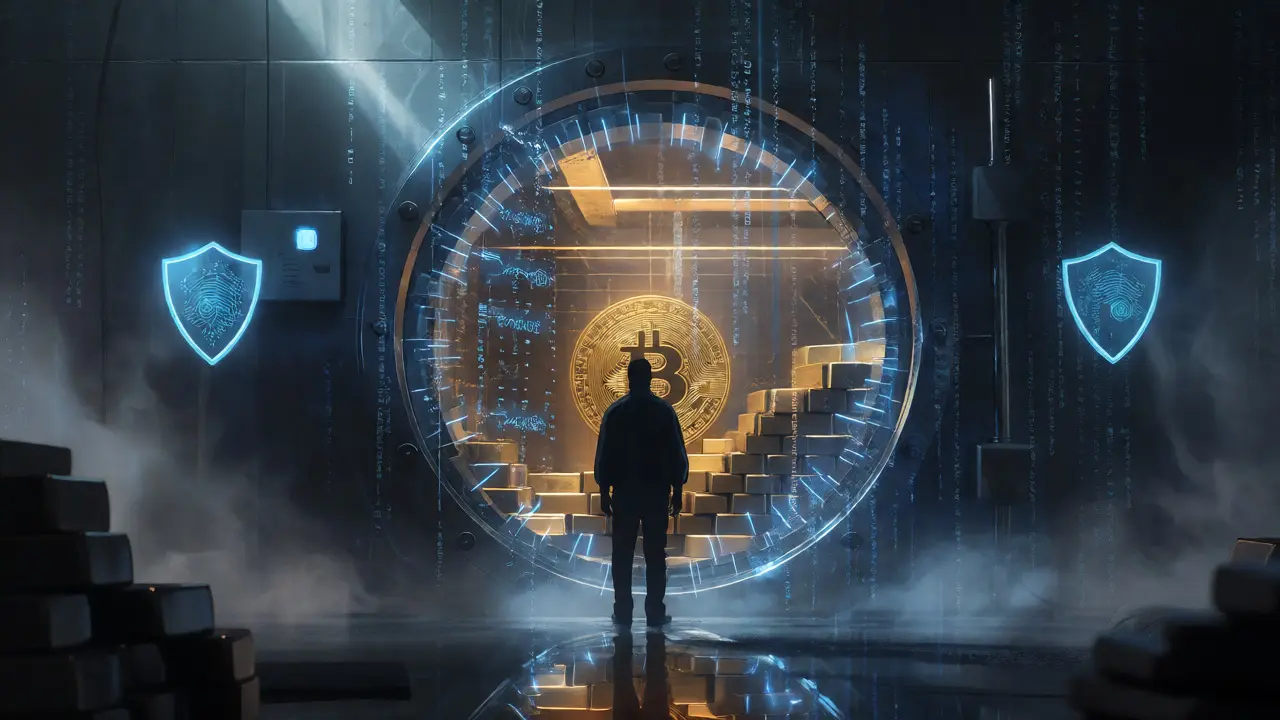 Figure inspecting a semi-transparent digital vault representing LOEx security risks