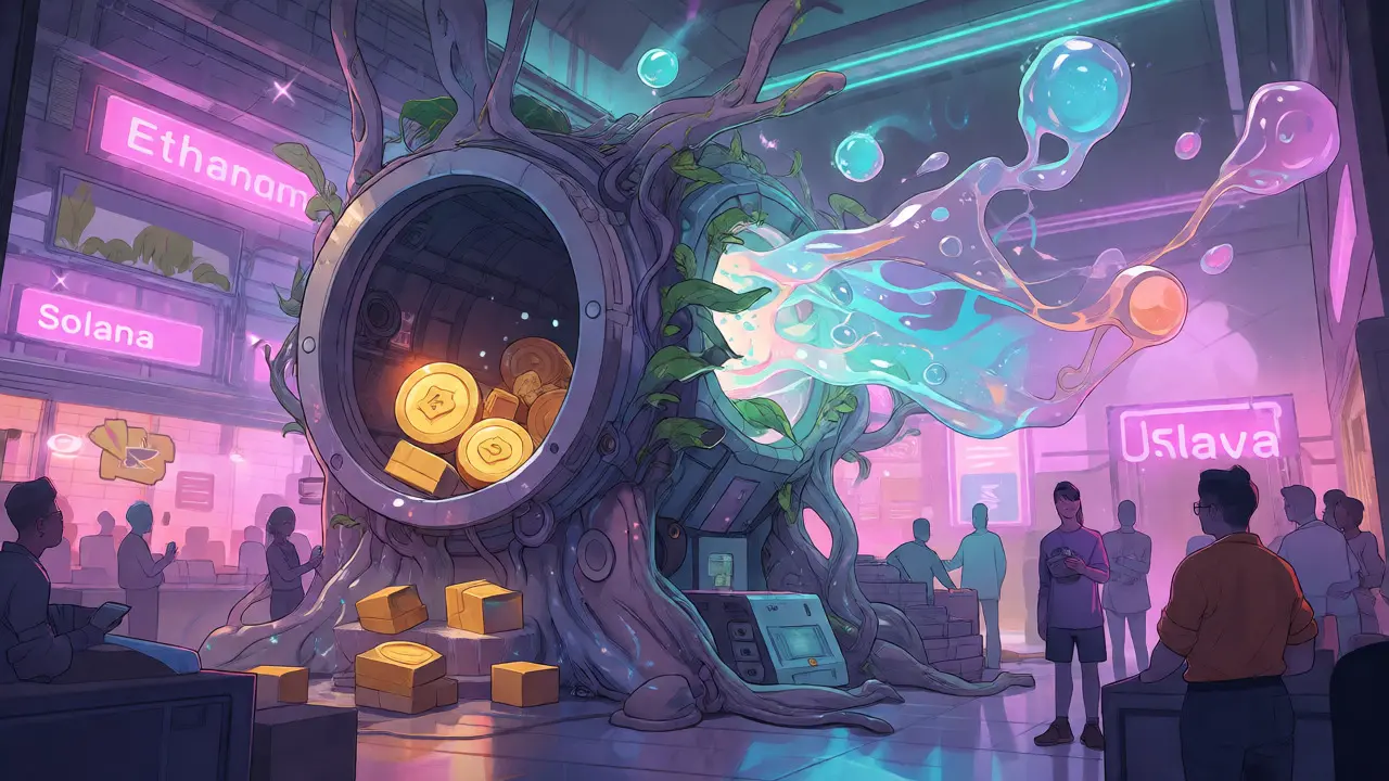 Futuristic machine transforming solid tokens into liquid staking derivatives.