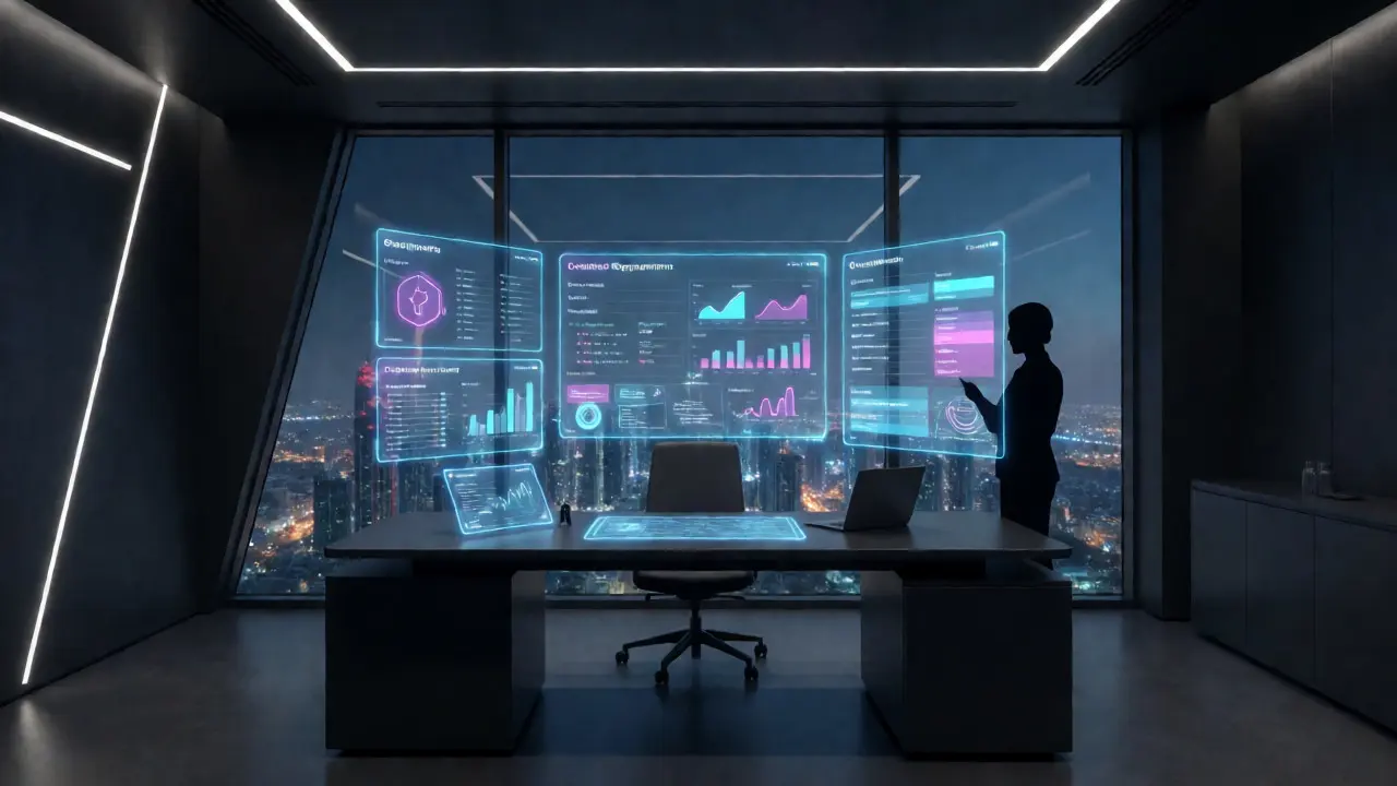 Futuristic office with holographic VARA compliance data displays