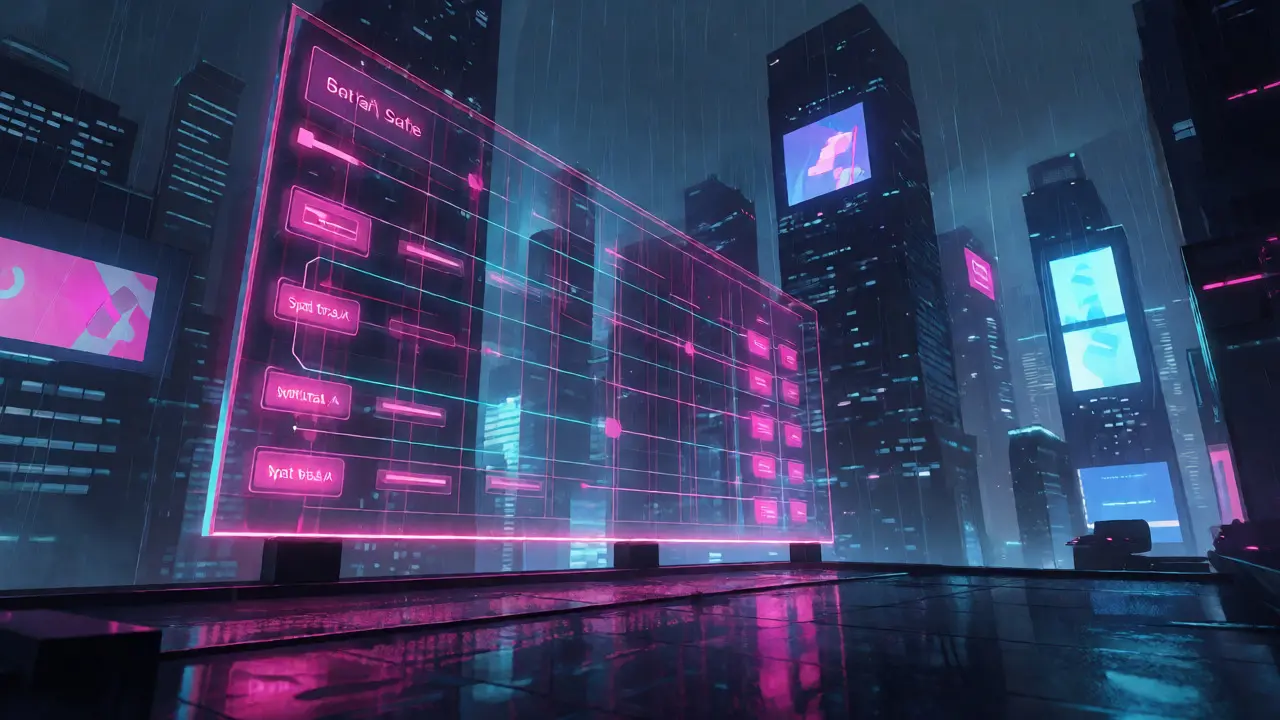 Futuristic trading interface in a rainy cyberpunk city