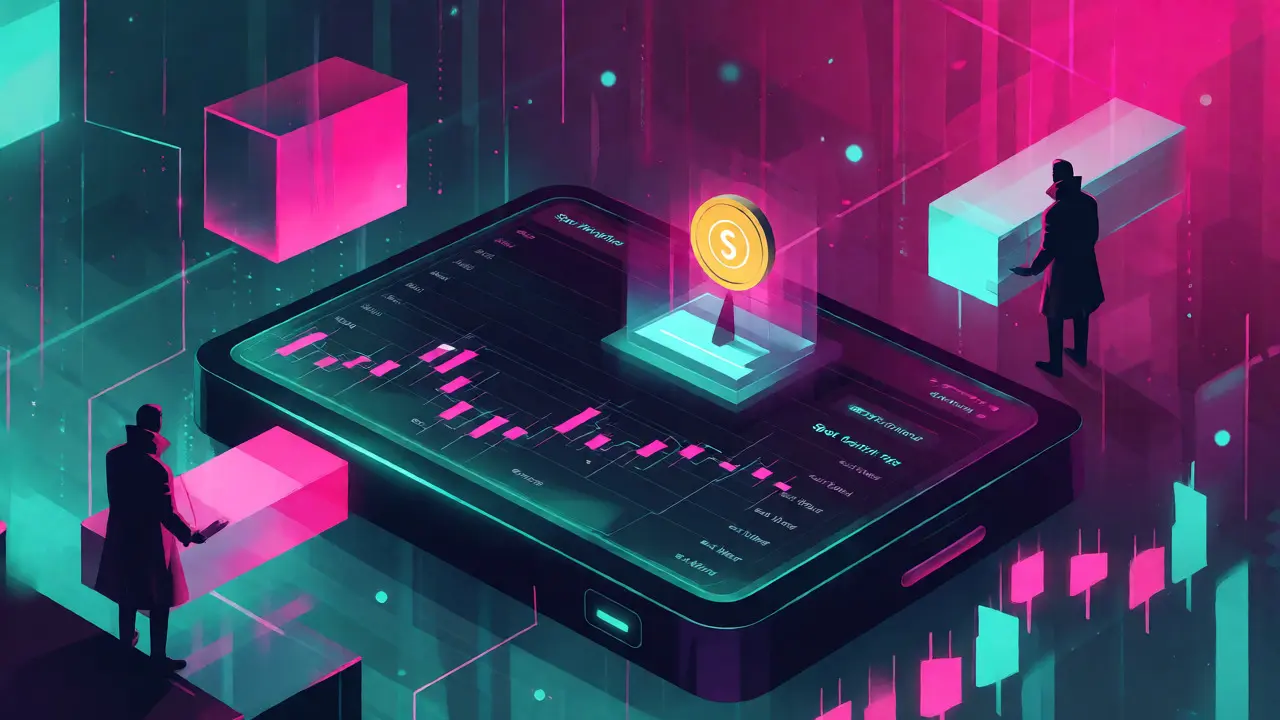 Futuristic trading terminal highlighting flat fees and OTC services in cyberpunk style
