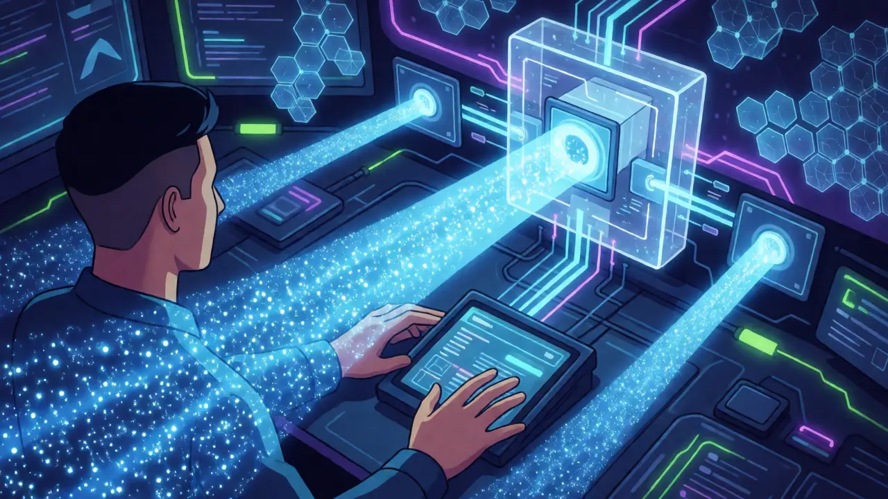 Futuristic visualization of smart contracts splitting digital payments into multiple streams of light.