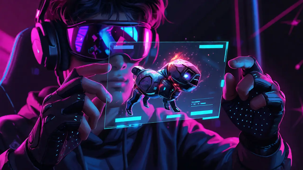 Gamer interacting with an evolving digital asset on a holographic interface.