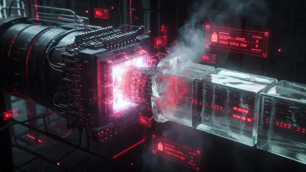 Glowing AI processor struggling to feed data into a clogged, cracking blockchain pipeline.