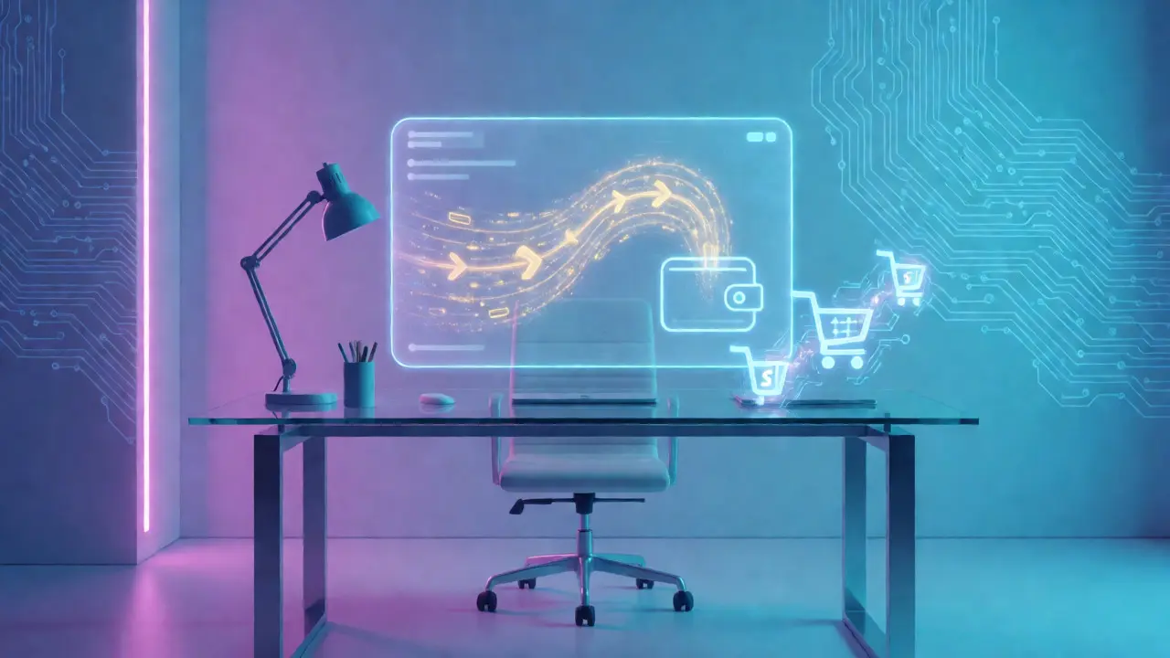 Glowing blockchain transaction flow and digital wallet in a futuristic workspace
