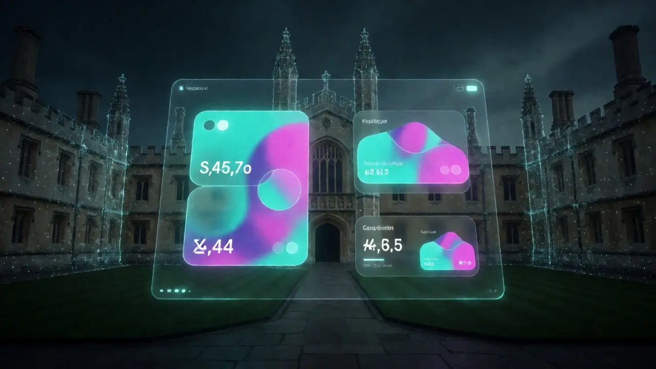 Holographic crypto interface with wireframe Cambridge architecture