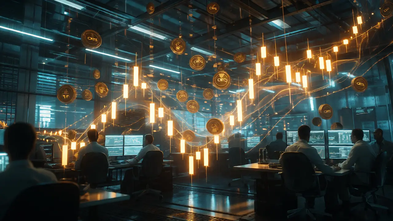Holographic data stream of gold tokens rising in a server room
