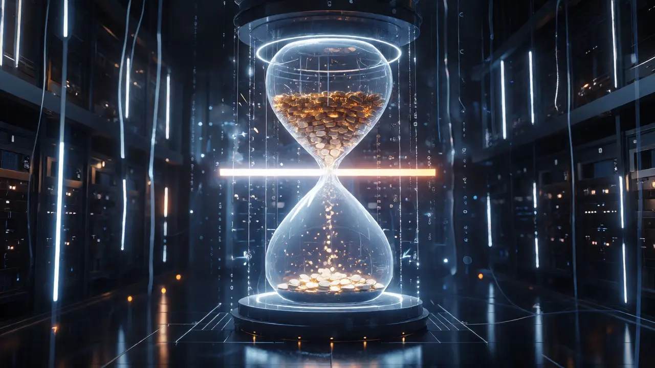 Holographic hourglass visualizing a four-year token vesting schedule with a cliff.