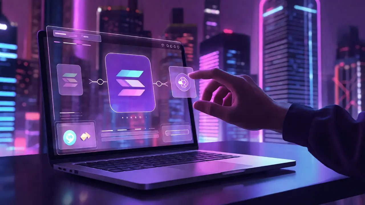 Holographic interface showing a user swapping tokens on a Solana decentralized exchange.