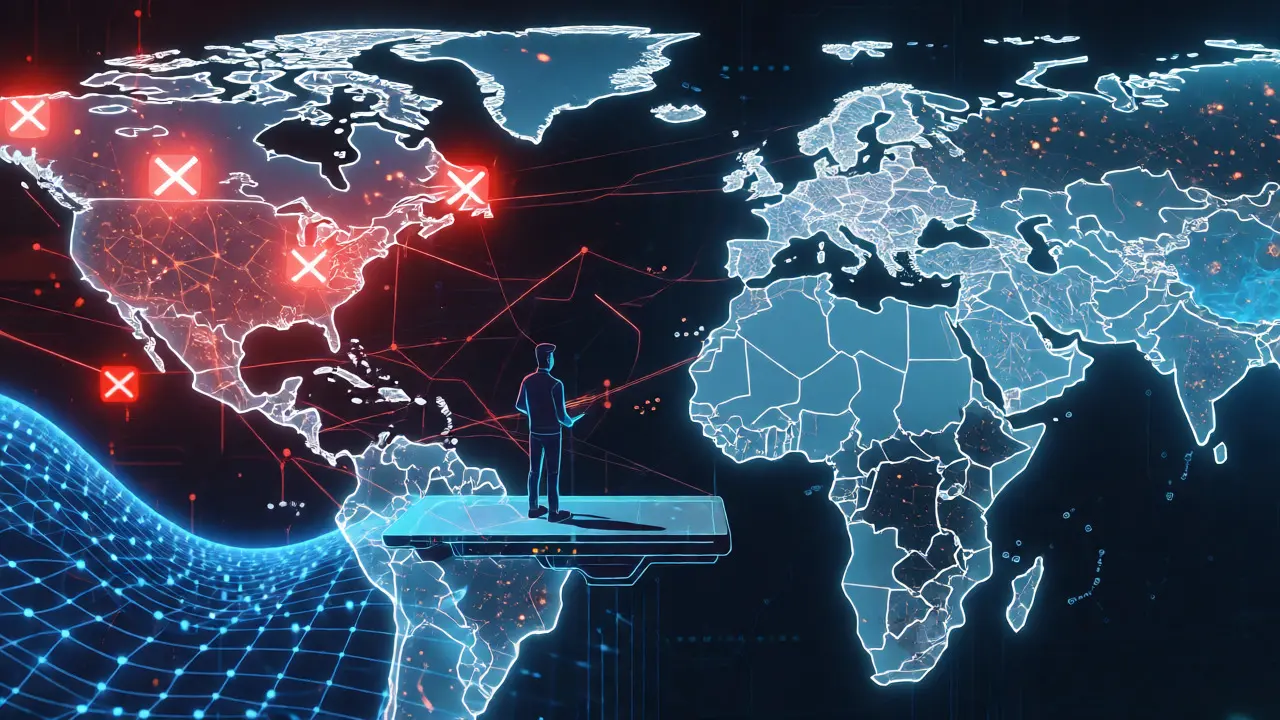 Holographic world map showing privacy coin bans in Asia and EU regulations.