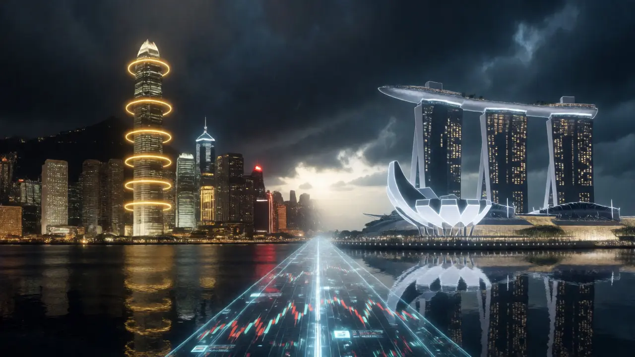Hong Kong and Singapore skylines linked by a digital financial highway