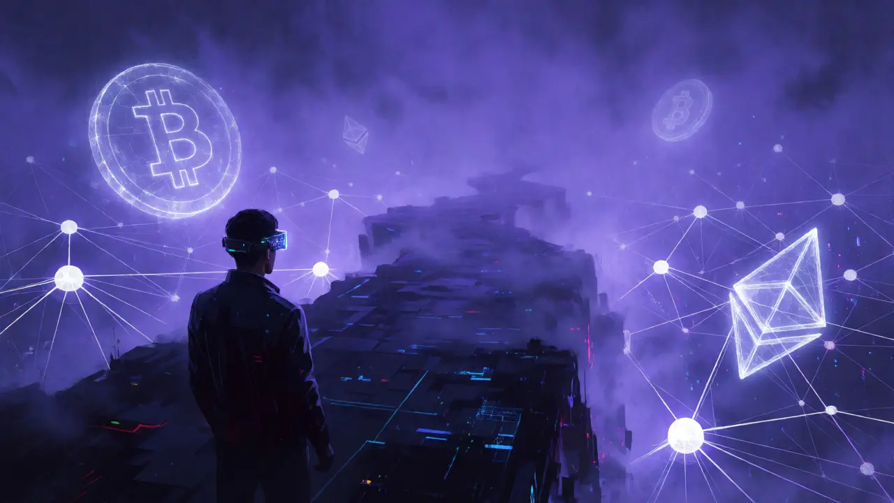Investor facing foggy digital path with wireframe crypto icons