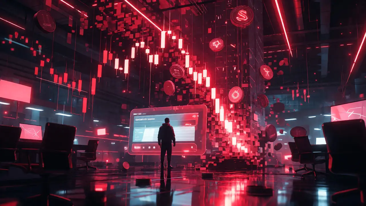 Lone trader facing a crashing red holographic price chart in a dark, futuristic trading room.