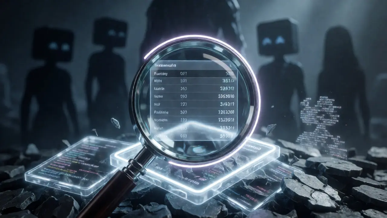 Magnifying glass inspecting broken digital tokens against stable giants