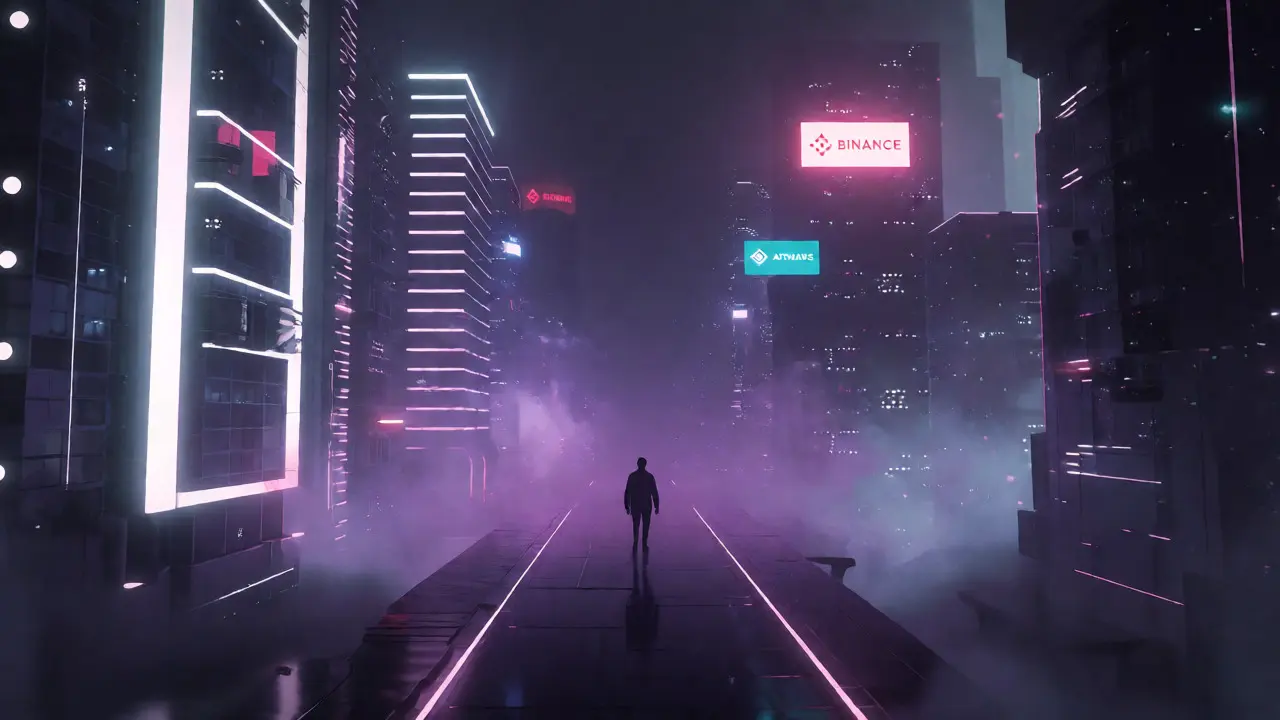 Neon path leading into foggy cityscape representing regulatory uncertainty