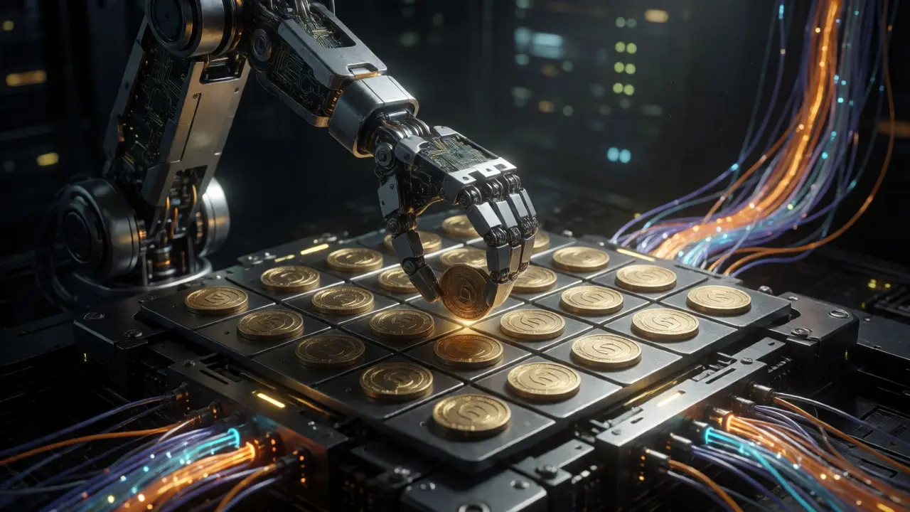 Robotic arm executing trades in a neon-lit server room, symbolizing automated bots.