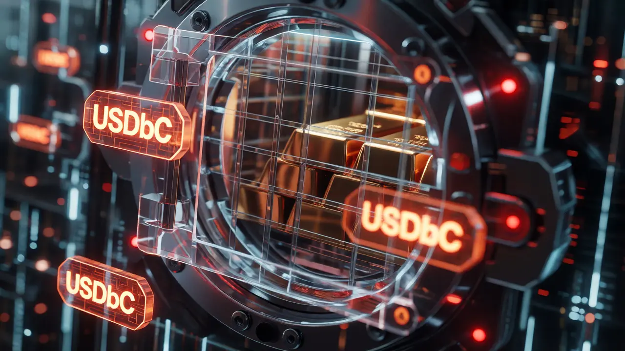 Smart contract vault locking gold collateral while emitting unstable bridged tokens.