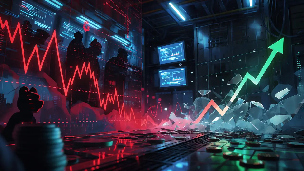 Split-screen cyberpunk art depicting crypto market volatility and bearish vs bullish trends.