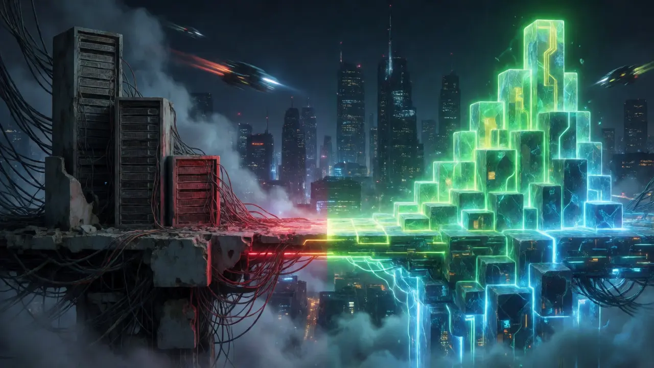Split view of decaying servers versus rising stablecoin towers in cyberpunk style
