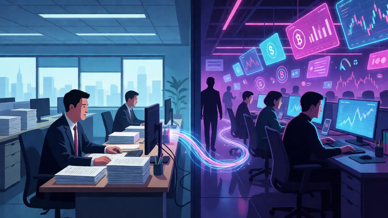 Split view of Shanghai office and offshore crypto hub connected by data cables.