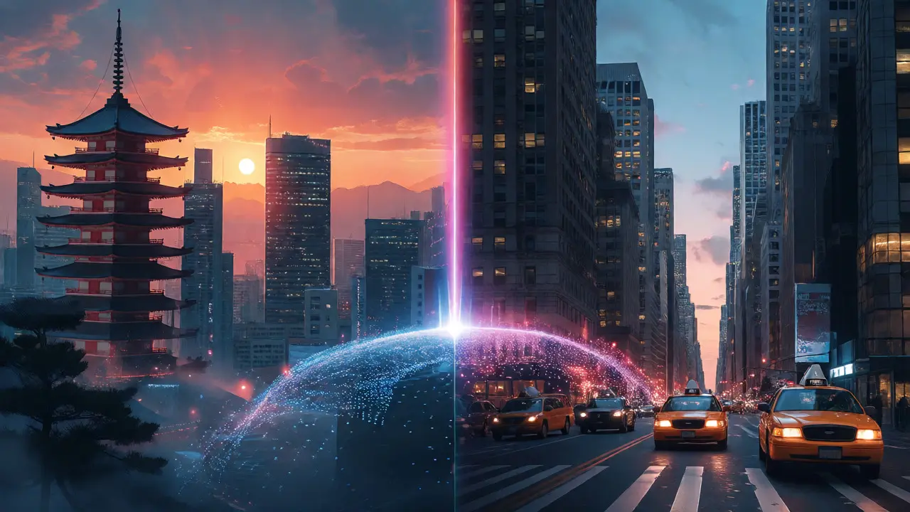 Split view of Tokyo dawn and NYC dusk connected by digital light beam