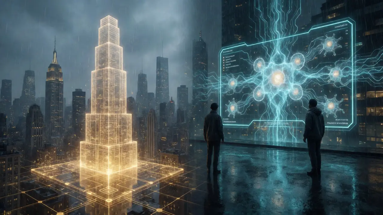 Tokenized real estate and AI analytics in a cyberpunk city