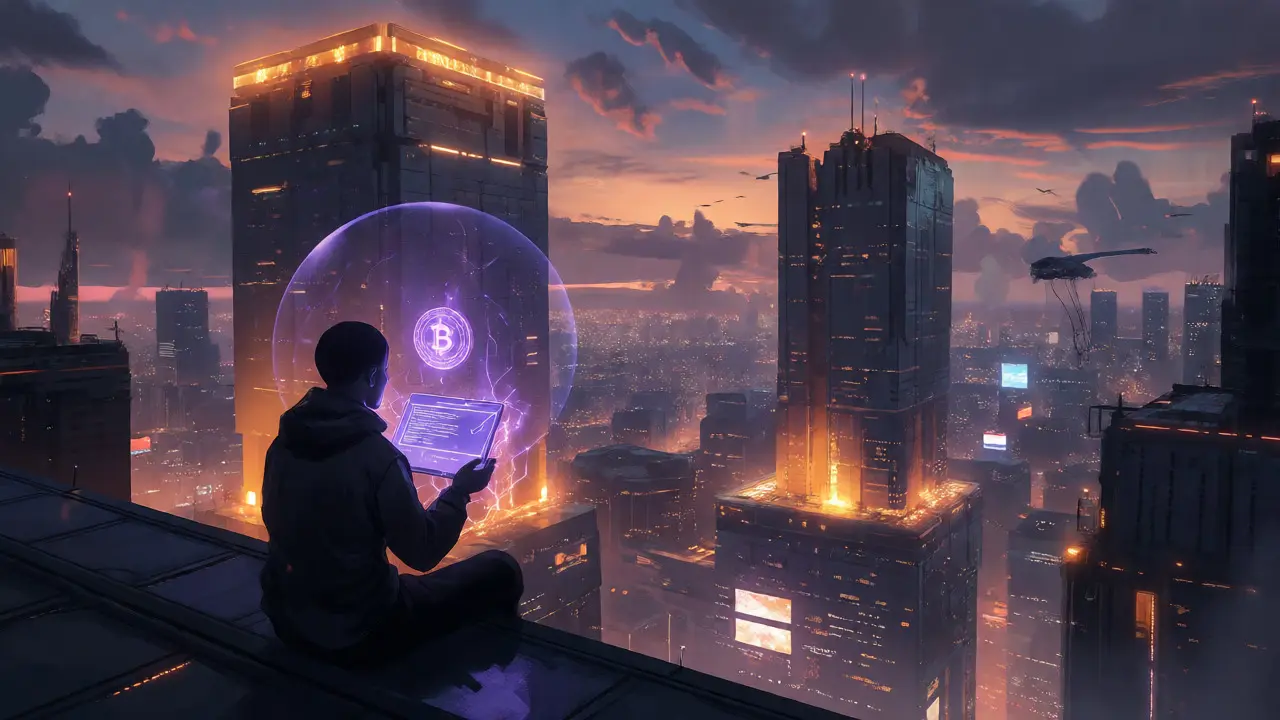 User balancing risky crypto on cyberpunk rooftop