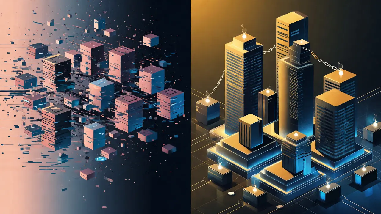 Visual contrast between dissolving small crypto firms and rising consolidated corporate giants