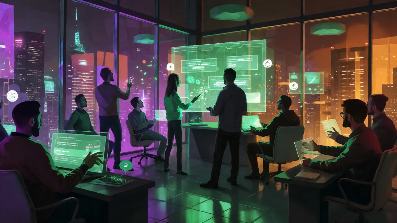 Web3 team interacting with holographic interfaces for milestone-based token unlocks.