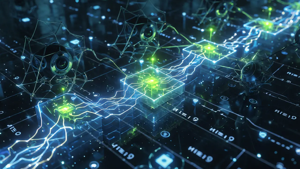 3D blockchain visualization with glowing green sanctioned nodes being scanned by surveillance drones in a cyberpunk style.