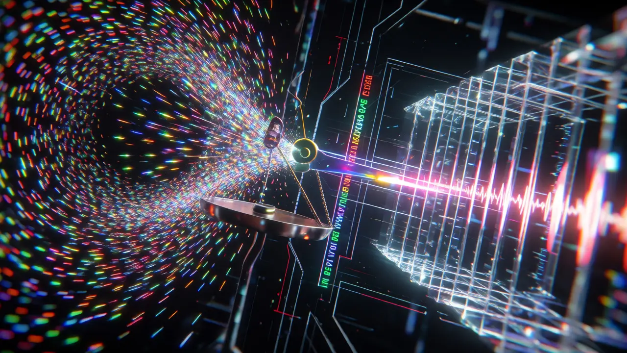 Abstract cyberpunk scene depicting economic balance between demand and block capacity
