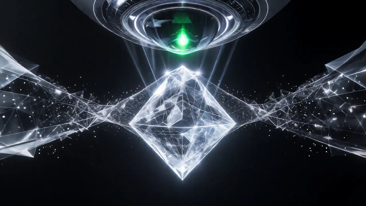 Abstract glowing crystal representing a ZK validity proof being verified for instant finality