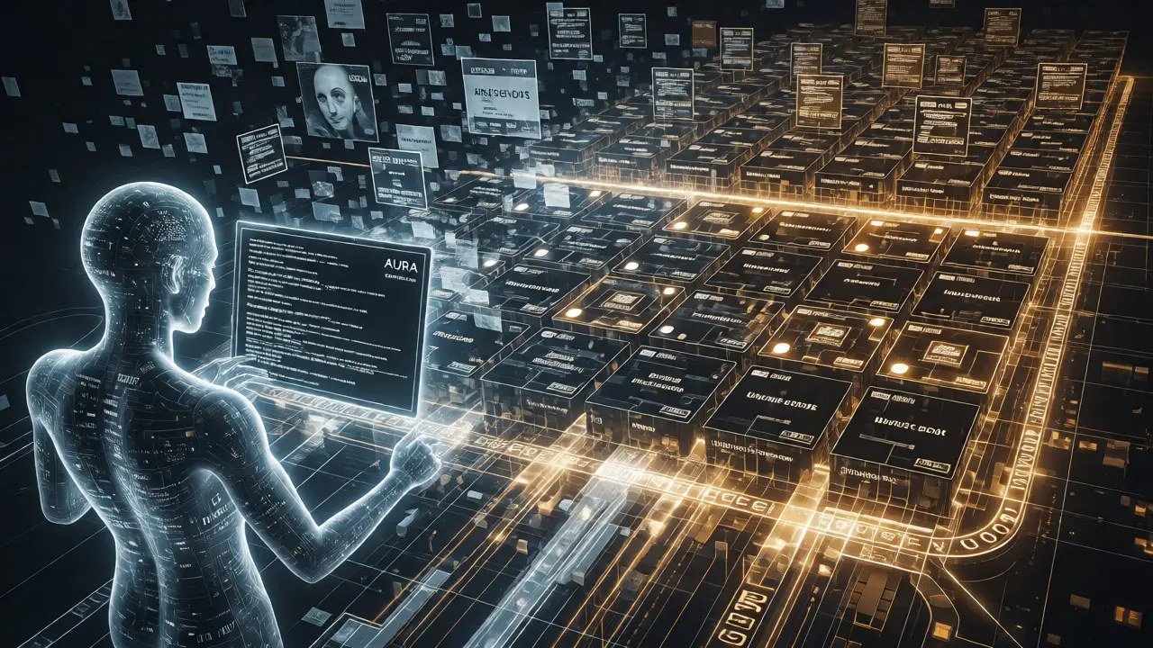 AI agent AURA analyzing DeFi strategies in a futuristic cyberpunk setting