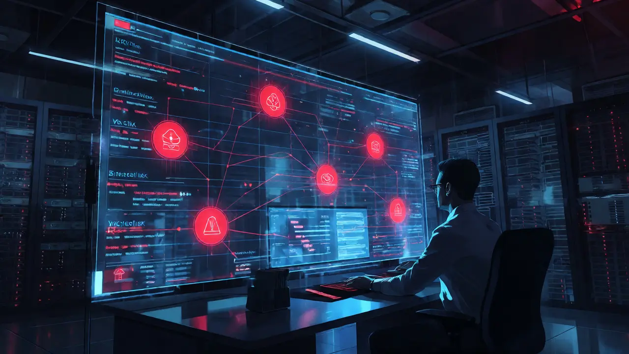 Analyst monitoring complex AML data streams on a large digital screen in a cyberpunk office.
