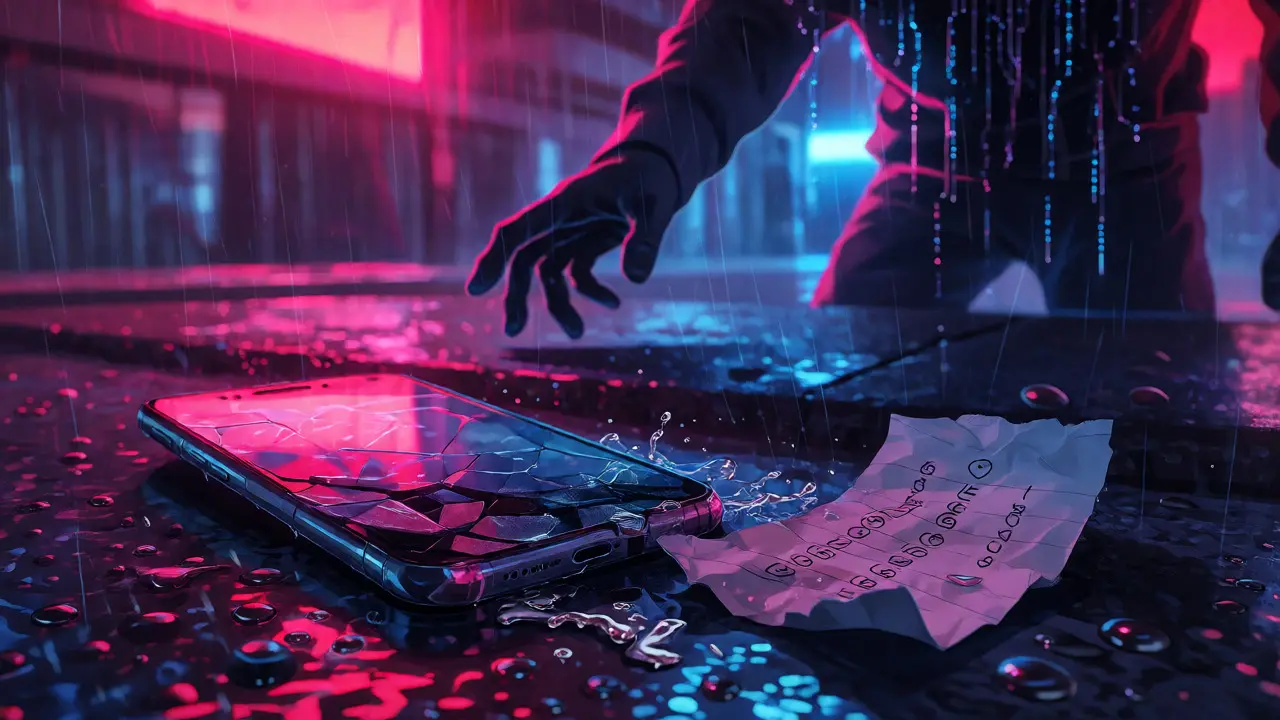 Broken smartphone and lost recovery codes on a rainy neon-lit street.