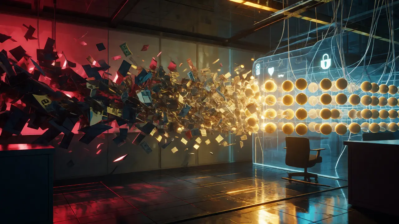 Chaotic digital shards transforming into orderly golden orbs through a security barrier in cyberpunk style.