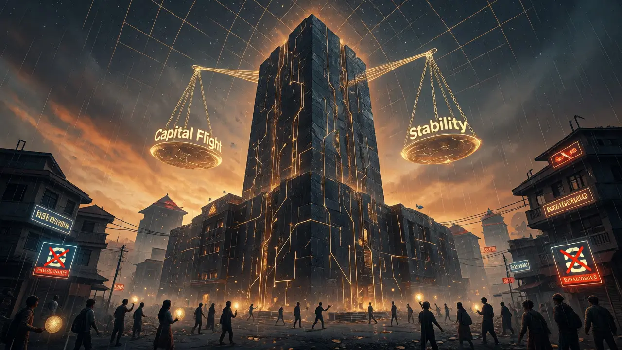 Citizens navigate a futuristic cityscape under strict financial regulations.