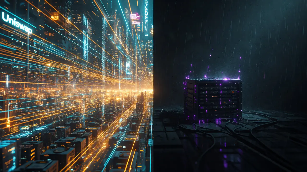Contrast between busy Uniswap city and isolated GemSwap server